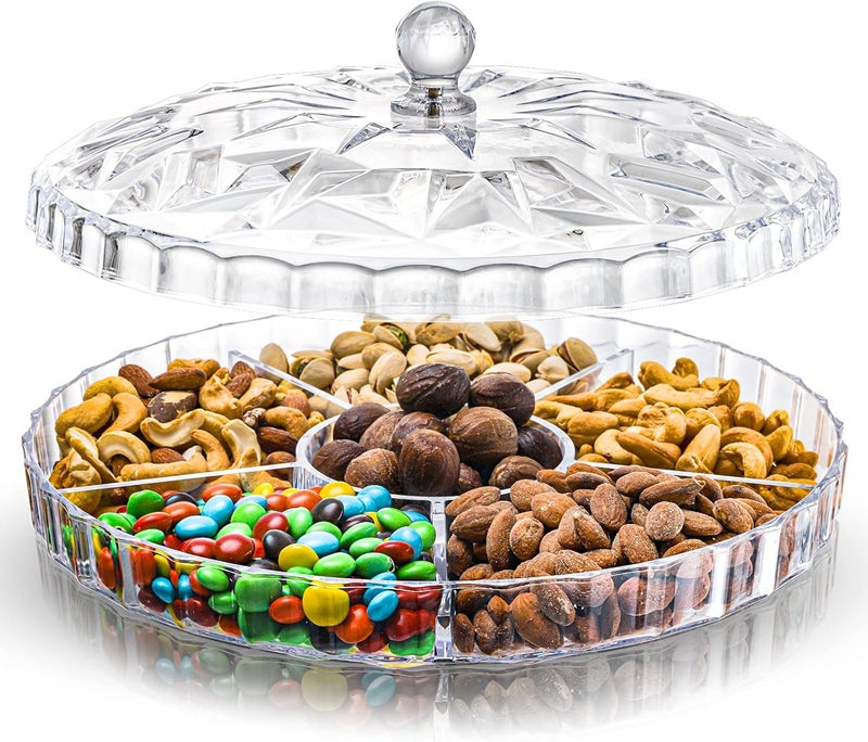 ZOOFOX Snack Serving Tray, 12" Appetizer Tray with Lid, 6 Compartments Round Plastic Food Storage Organizer for Dried Fruits, Nuts, Candies, Sweet Cookies and Fruits (Clear) - Image 1