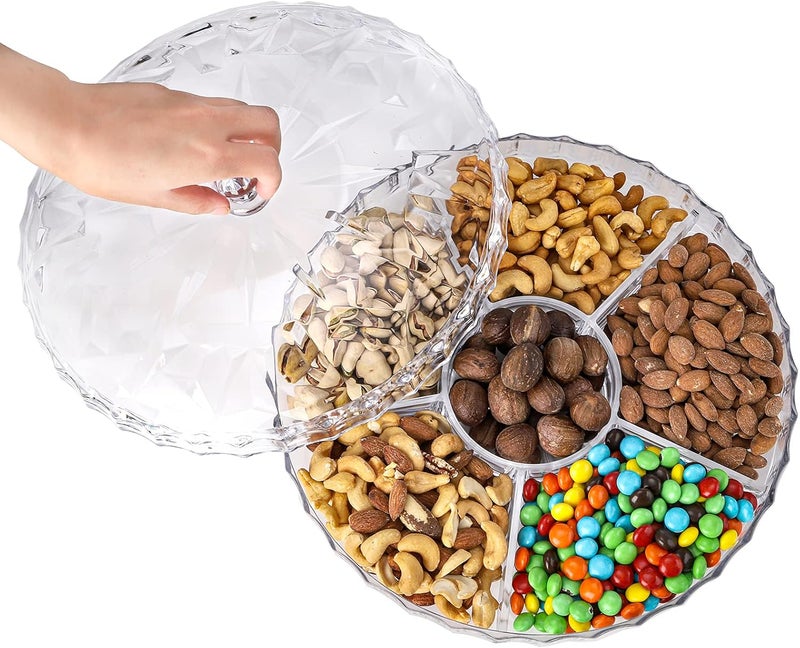 ZOOFOX Snack Serving Tray, 12" Appetizer Tray with Lid, 6 Compartments Round Plastic Food Storage Organizer for Dried Fruits, Nuts, Candies, Sweet Cookies and Fruits (Clear) - Image 5