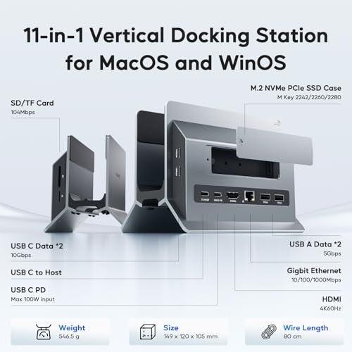 PULWTOP Vertical MacBook Docking Station, PULWTOP Docking Station for Mac mini with M.2 NVMe case for MacBook Pro/Air, 4K@60Hz HDMI, 2USB C 10Gbps, SD/TF, 100W PD, RJ45, 2 USB A for Windows Laptops - Image 2