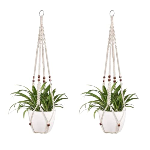 DXYZ Macrame Cotton Outdoor/Indoor Plant Hanger with Wooden Ring [Without Pot] | Rope Flower Pot Holder for Balcony Garden Wall | Home Decor Basket Hanger (Ivory, 2), 2 Pieces - Image 1