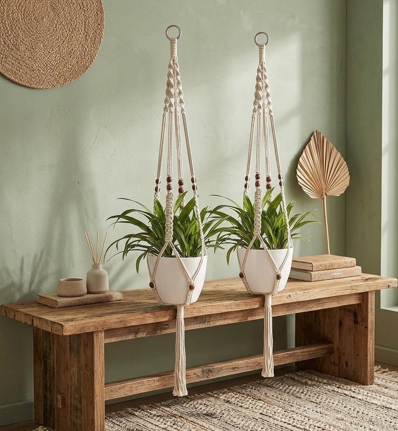 DXYZ Macrame Cotton Outdoor/Indoor Plant Hanger with Wooden Ring [Without Pot] | Rope Flower Pot Holder for Balcony Garden Wall | Home Decor Basket Hanger (Ivory, 2), 2 Pieces - Image 2