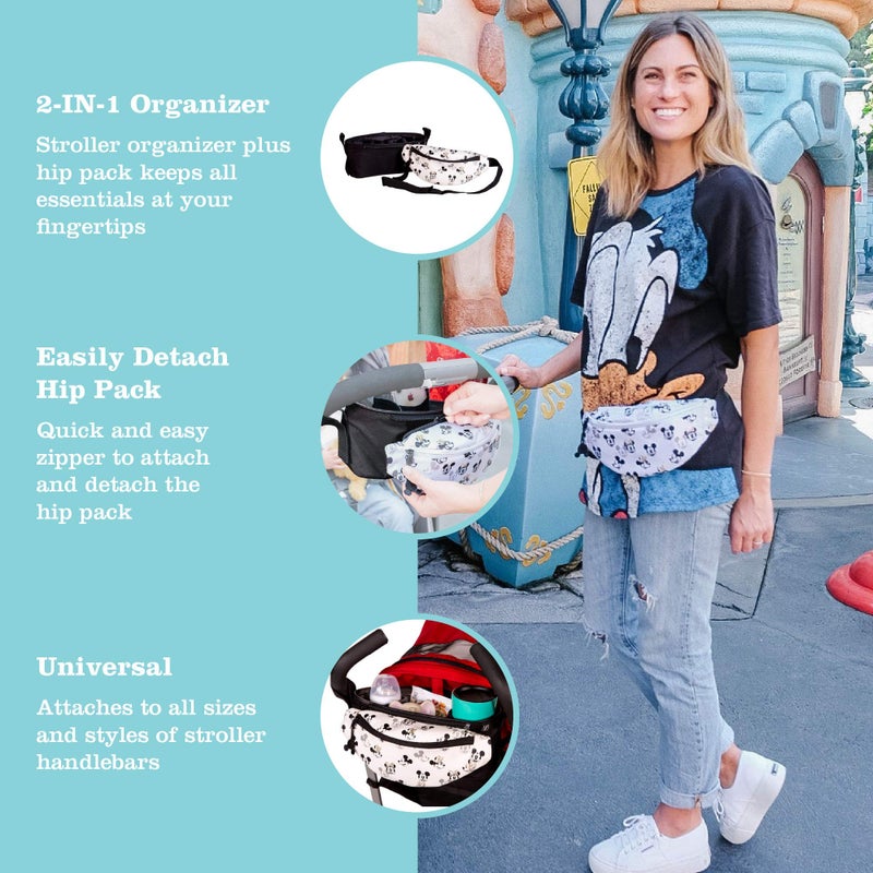 J.L. Childress Disney Baby by J.L. Childress Universal Stroller Organizer with Detachable Hip Fanny Pack - Stroller Accessory with Belt Waist Bag - Stroller Cup Holder and Cell Phone Pocket - Mickey Minnie Ivory - Image 2