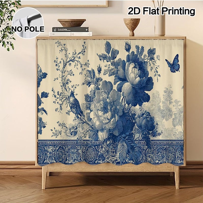 تصميم فني زهري بلون أزرق عتيق ثنائي الأبعاد لستارة خزانة المطبخ مقاس 27.56 × 59.06 بوصة، مع نظام تعليق عبر فتحة القضيب، وظيفة تغطية لنوافذ الحوض والأبواب، قابلة للغسل في الغسالة، سهلة التركيب. - Image 2