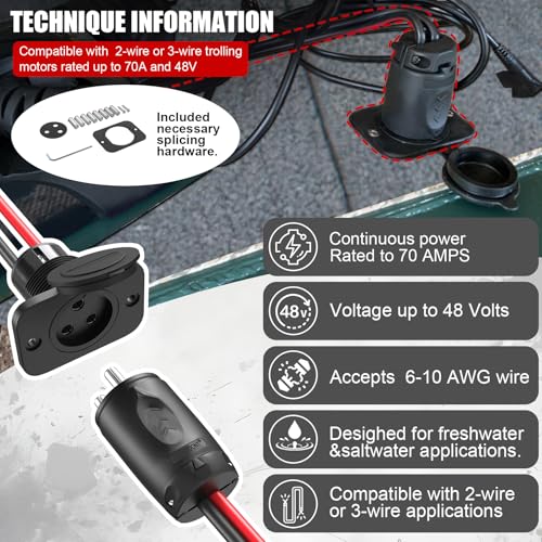 Moestoont 70A Trolling Motor Plug & Receptacle for 2 or 3 Wire 12-48V Systems Compatible with Minn Kota Marine Boat, Watertight Heavy Duty Electrical Power Connector Black - Image 2