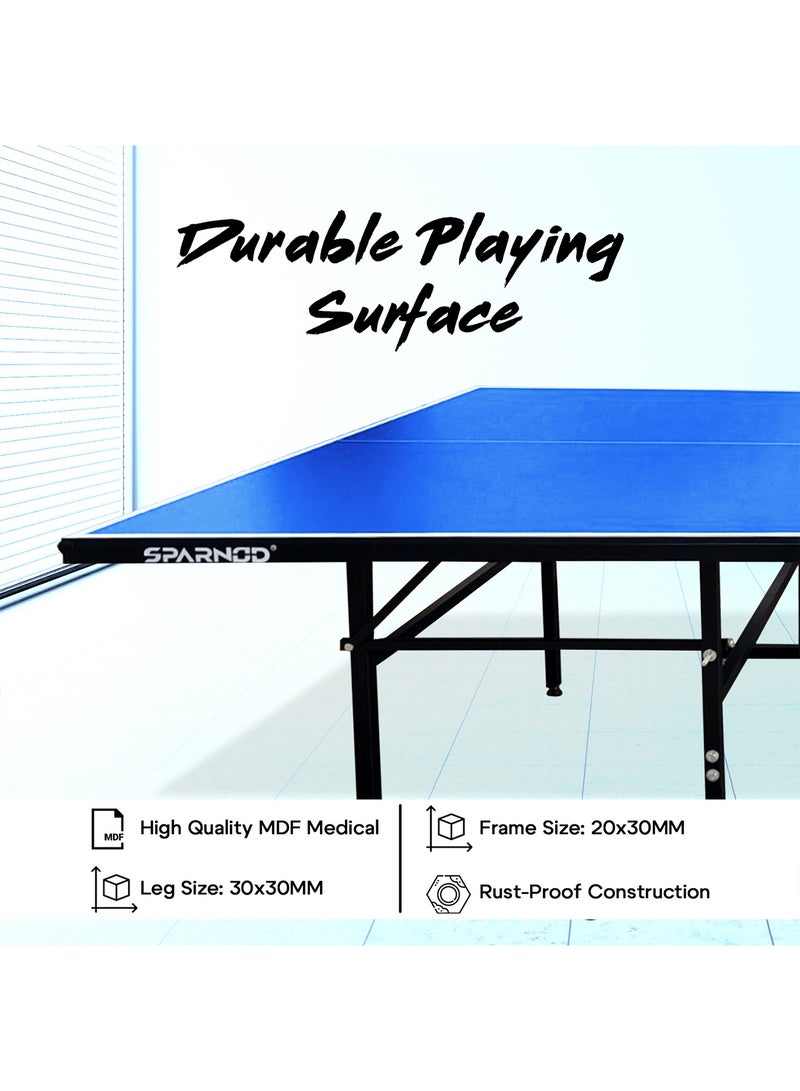 Sparnod Fitness طاولة تنس الطاولة الداخلية STT-15 | سطح MDF بسمك 15 مم مع حماية من الأشعة فوق البنفسجية | إطار فولاذي مقاوم للصدأ | وضع التشغيل الفردي | قابلة للطي مع عجلات قفل - Image 3