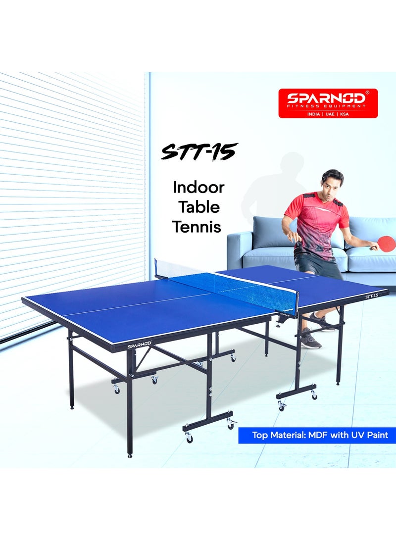 Sparnod Fitness طاولة تنس الطاولة الداخلية STT-15 | سطح MDF بسمك 15 مم مع حماية من الأشعة فوق البنفسجية | إطار فولاذي مقاوم للصدأ | وضع التشغيل الفردي | قابلة للطي مع عجلات قفل - Image 2