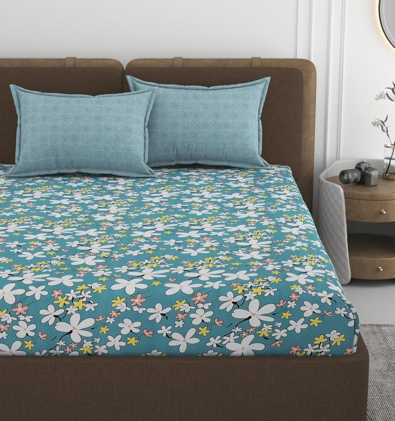 VOMZER Soft Cotton Super King Size XXL Printed Flat Double Bedsheet, 108 X 108 Inches with 2 Pillow Cover Without Joint II 400 TC, 9 Feet, 108" x 108" Inches (Super King), White Flower - Image 1