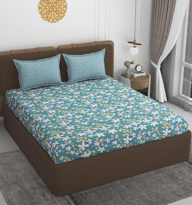 VOMZER Soft Cotton Super King Size XXL Printed Flat Double Bedsheet, 108 X 108 Inches with 2 Pillow Cover Without Joint II 400 TC, 9 Feet, 108" x 108" Inches (Super King), White Flower - Image 2