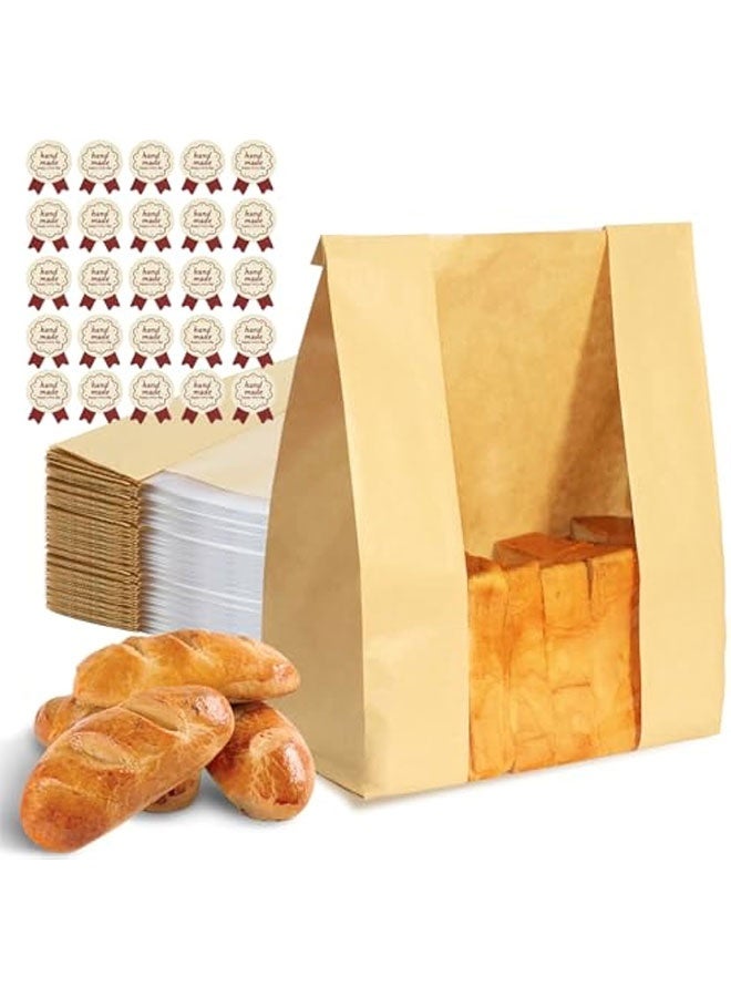 50 Pcs Bread Bags for Homemade Bread, Sourdough Paper With Window, 13.7x8.2x3.7in A Large Bakery Bags Used for Storage Cookies & Snacks, 50 Cute Sealing Stickers With Ties - Image 1