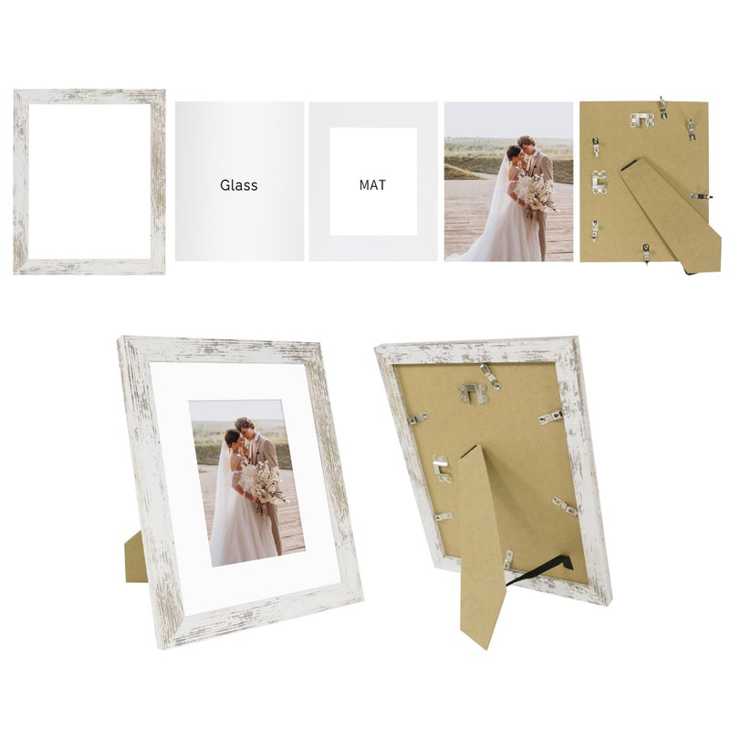 Hongkee 8x10 Picture Frame Set of 4, Made of Real Glass and Distressed White Wooden Frame, 8 by 10 Photo for Wall or Tabletop - Display Picture 5x7 with Mat or 8x10 Without Mat - Image 2