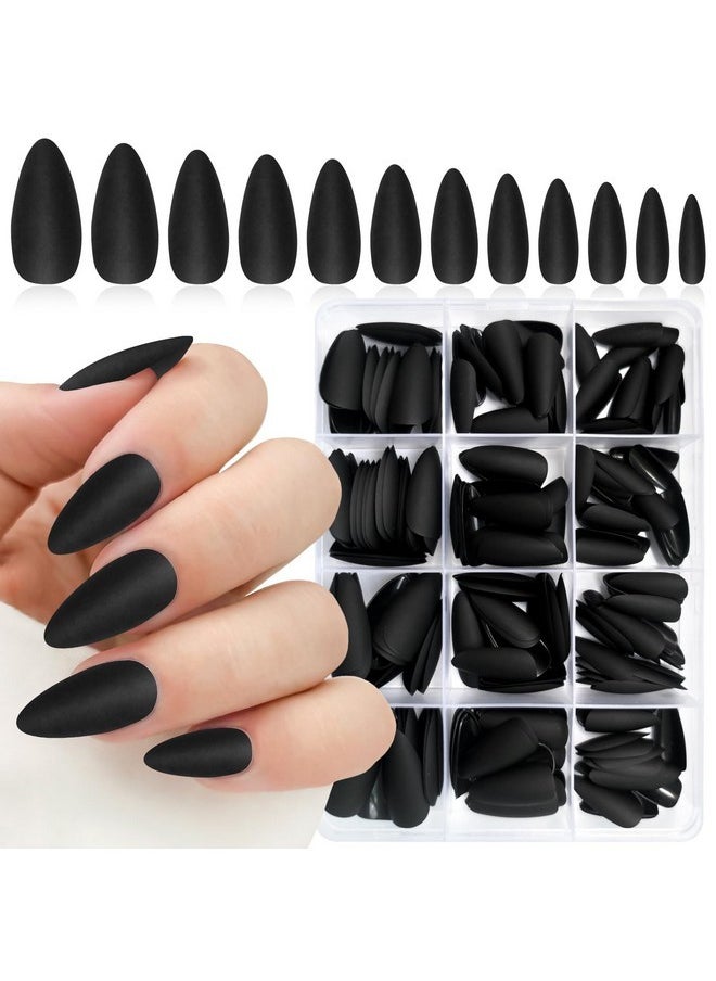 LifexTol - 240Pc Almond Press On Nails Medium Length Fake Nails Black Matte Almond Nails Press On Nail Short Stiletto False Nail Tips Colored Artificial Fingernail & Nail Glue Adhesive Tabs For Women - Image 1