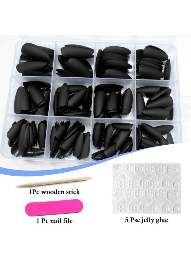 LifexTol - 240Pc Almond Press On Nails Medium Length Fake Nails Black Matte Almond Nails Press On Nail Short Stiletto False Nail Tips Colored Artificial Fingernail & Nail Glue Adhesive Tabs For Women - Image 1