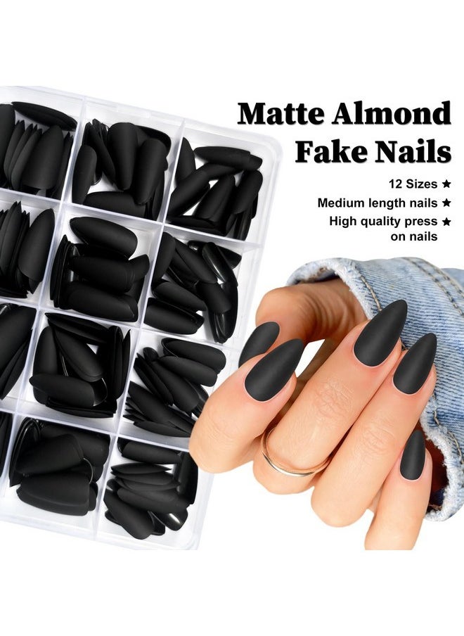 LifexTol - 240Pc Almond Press On Nails Medium Length Fake Nails Black Matte Almond Nails Press On Nail Short Stiletto False Nail Tips Colored Artificial Fingernail & Nail Glue Adhesive Tabs For Women - Image 1