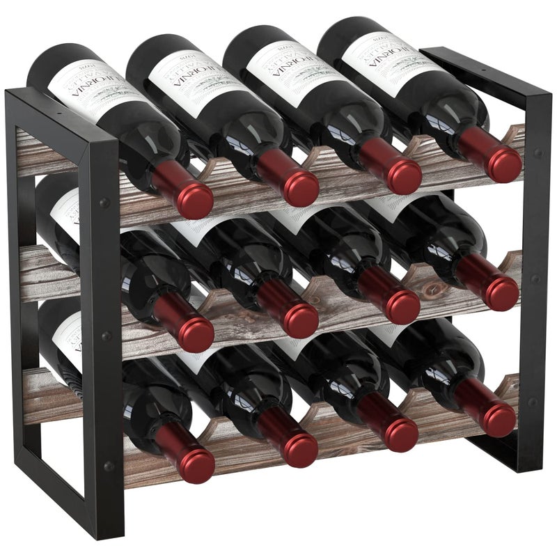 J JACKCUBE DESIGN JACKCUBE Design Wine Rack Freestanding Floor 3 Tier Stackable 12 Wine Bottle Holder Storage Racks Countertop Liquor Shelf Stand Rustic Wood and Black Metal Frame MK521A