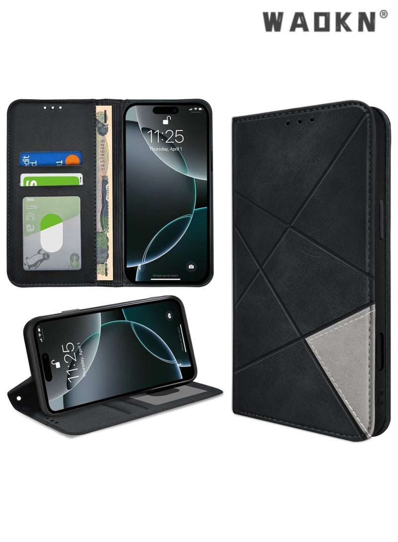 WAOKN iPhone 16 Pro Max Case,Premium PU Leather Wallet Case with 2 Card Holders, Shockproof Flip Cover featuring Kickstand Function, Hidden Magnetic Adsorption, and Secure Closure Flip Wallet Case - Black  - Image 1