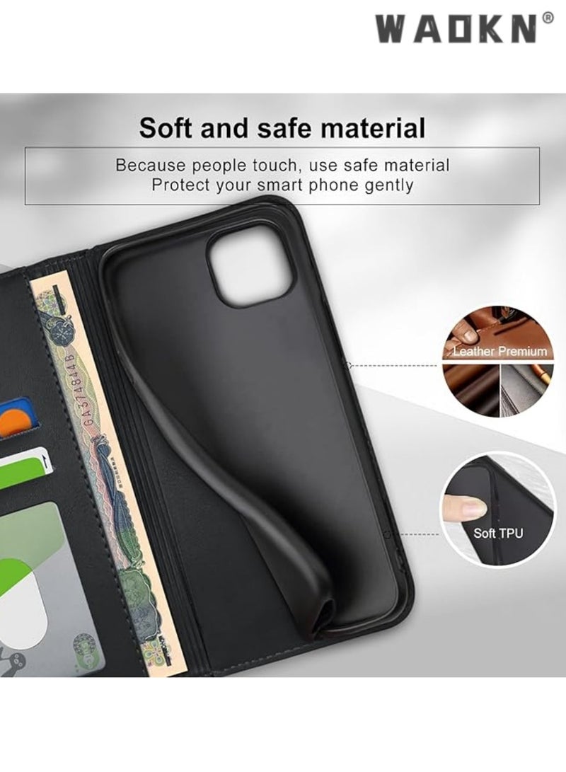 WAOKN iPhone 16 Pro Max Case,Premium PU Leather Wallet Case with 2 Card Holders, Shockproof Flip Cover featuring Kickstand Function, Hidden Magnetic Adsorption, and Secure Closure Flip Wallet Case - Black  - Image 5