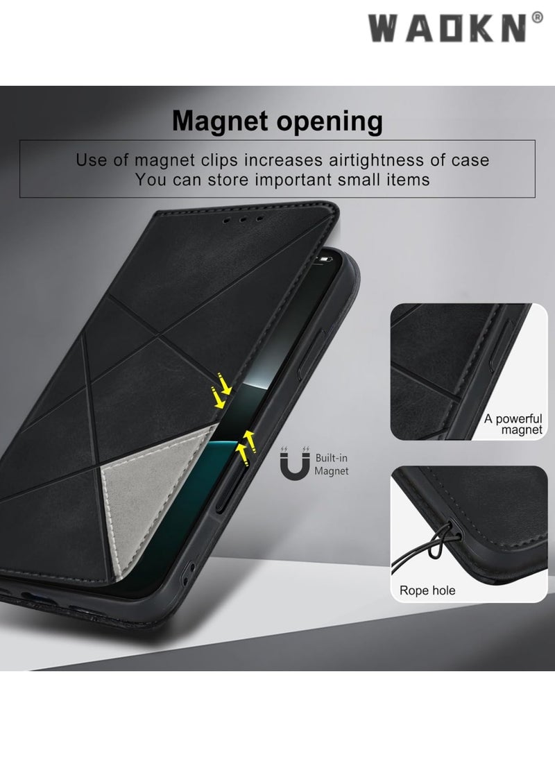 WAOKN iPhone 16 Pro Max Case,Premium PU Leather Wallet Case with 2 Card Holders, Shockproof Flip Cover featuring Kickstand Function, Hidden Magnetic Adsorption, and Secure Closure Flip Wallet Case - Black  - Image 4