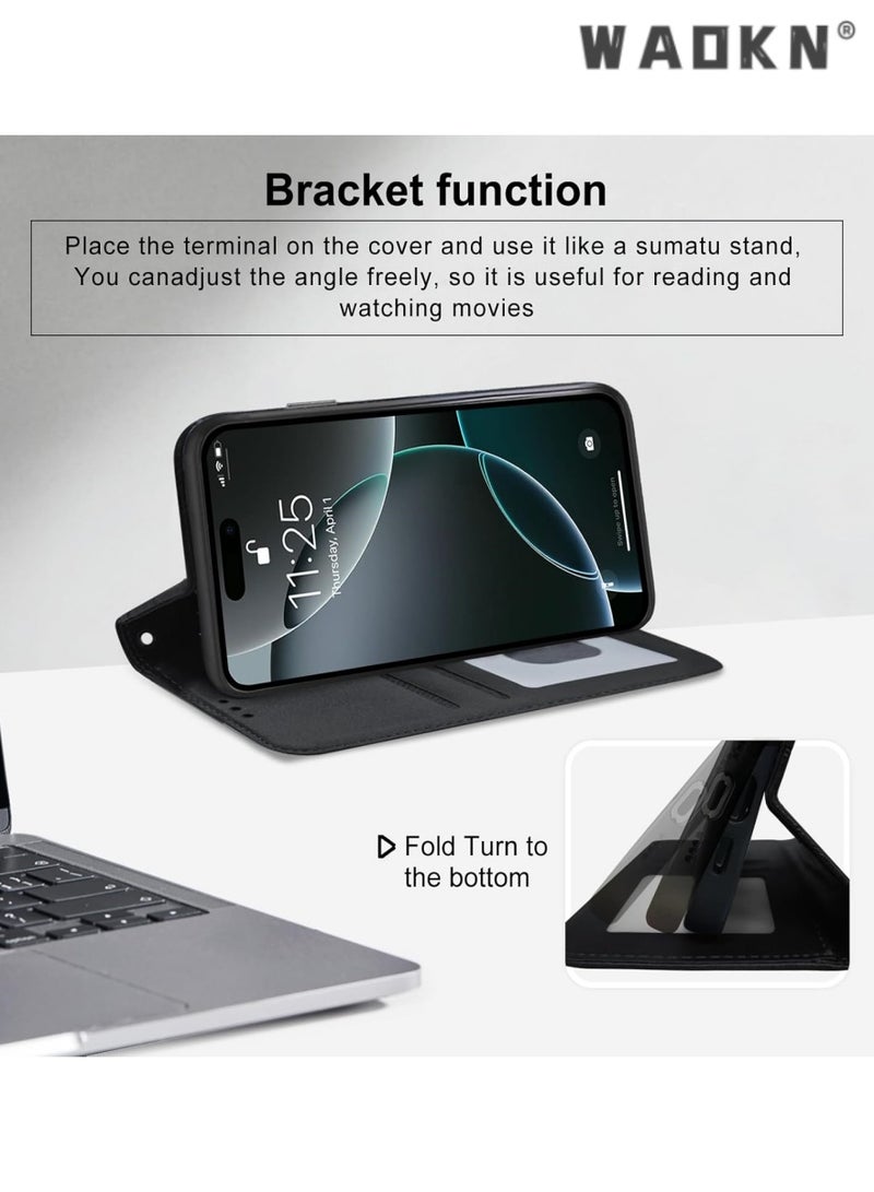 WAOKN iPhone 16 Pro Max Case,Premium PU Leather Wallet Case with 2 Card Holders, Shockproof Flip Cover featuring Kickstand Function, Hidden Magnetic Adsorption, and Secure Closure Flip Wallet Case - Black  - Image 2