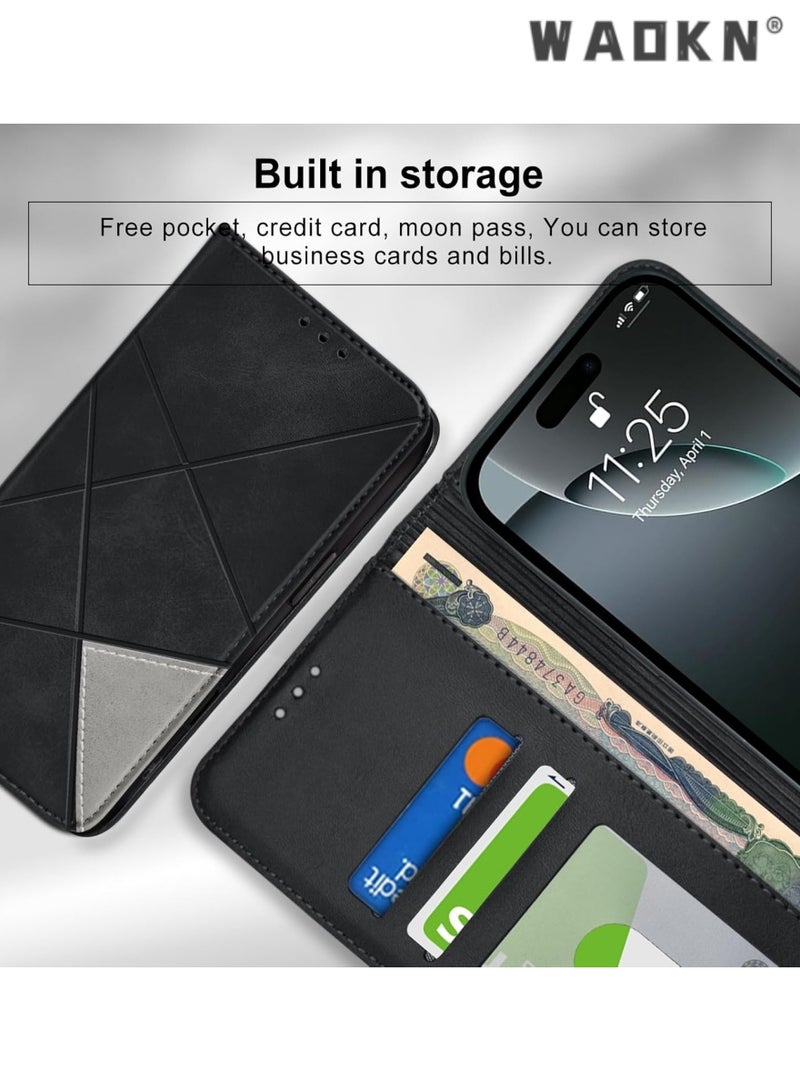 WAOKN iPhone 16 Pro Max Case,Premium PU Leather Wallet Case with 2 Card Holders, Shockproof Flip Cover featuring Kickstand Function, Hidden Magnetic Adsorption, and Secure Closure Flip Wallet Case - Black  - Image 3