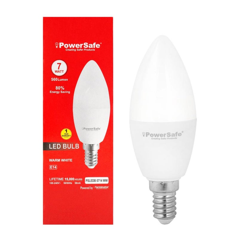 Terminator PowerSafe LED Candle Bulb 7W Warm White E14, 630 Lumen, 3000K, 85% Energy Saving, 15,000 Hours Lifespan, with Surge Protection, ESMA Approved - Image 1
