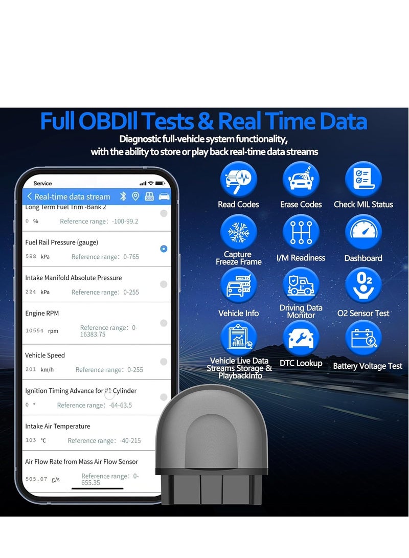 SYOSI OBD2 Bluetooth Car Scanner Adapter, Wireless OBD II Diagnostic Scan Tools for iPhone  Android, Enhanced Vehicle Code Readers with All System Scan, Live Data, Freeze Frame, Performance Test - Image 3