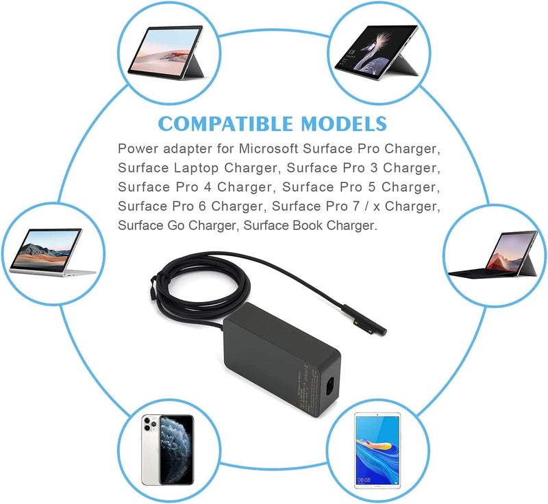 VINSOC 65W Charger 15V/4A Power Supply Compatible with Microsoft Surface Charger Laptop 4/5/6/Tablet Surface Pro 3/4/5/6/7/8/9/X/11 Surface Go Go2/3 & Surface Book Laptop Studio with USB Charging Port - Image 2