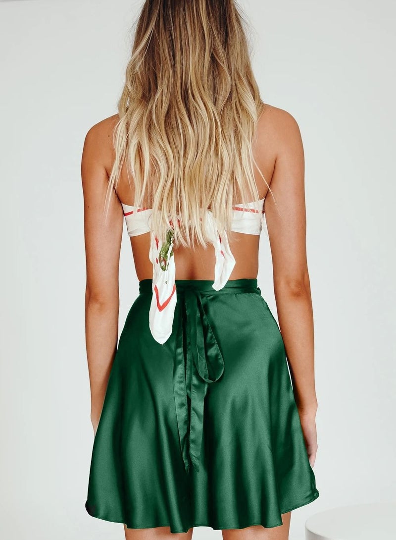 Loquat Women's Summer Wrap High Waist Solid Color Ruffle Short Mini Skirts Dark Green  - Image 2
