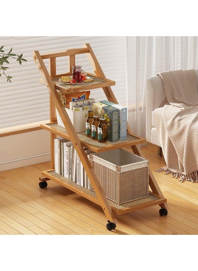 LINGWEI 3 Tier Foldable Bamboo Serving Cart Multifunctional Kitchen Trolley with Movable Wheels Space Saving Design - Image 1