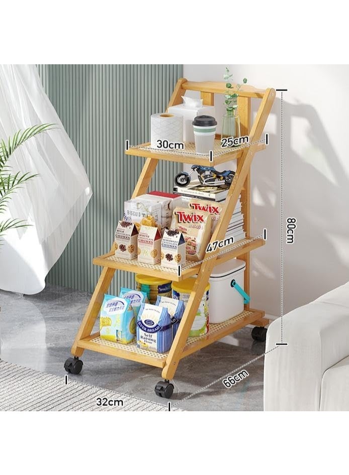 LINGWEI 3 Tier Foldable Bamboo Serving Cart Multifunctional Kitchen Trolley with Movable Wheels Space Saving Design - Image 3