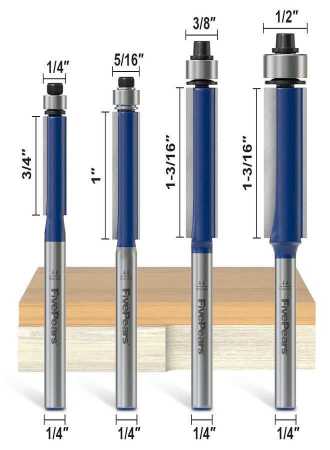 FivePears 4Pcs Flush Trim Router Bits Set 1/4 Inch Shank, Bottom Bearing Flush Cut Trim Router Bit for Woodworking, 1/4", 5/16", 3/8", 1/2" Diameter - Image 2
