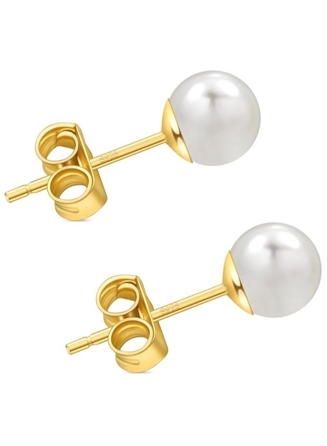 Hain 5MM Freshwater Pearl Stud Earrings for Women, Hypoallergenic 18K Gold Vermeil Earrings Studs with Genuine Round White Pearls  - Image 1