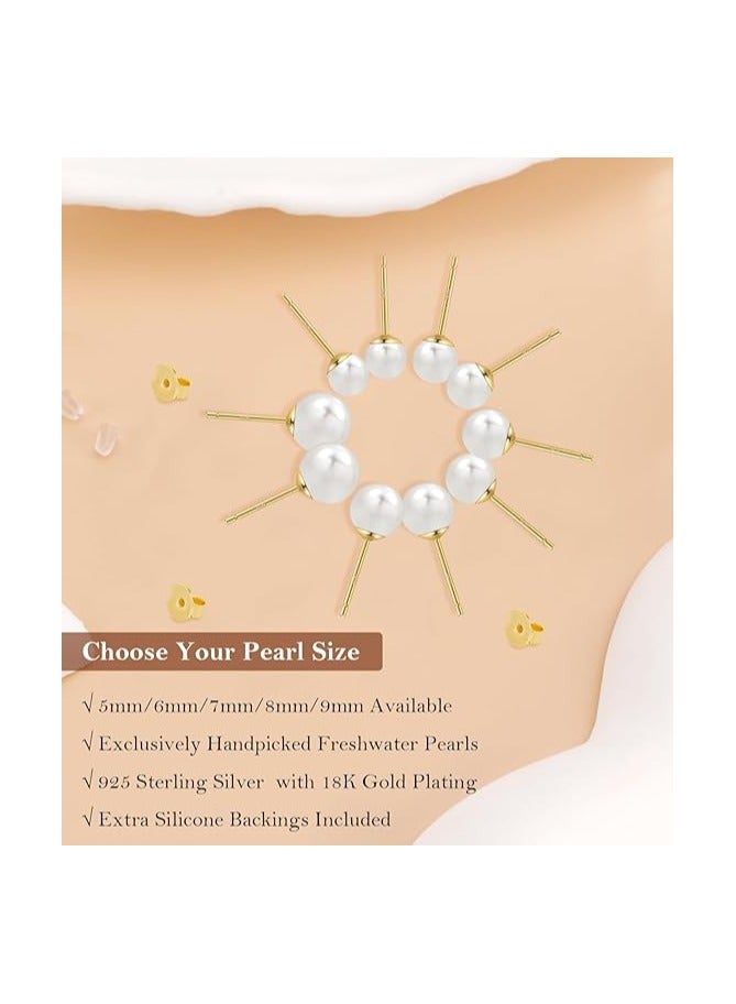 Hain 5MM Freshwater Pearl Stud Earrings for Women, Hypoallergenic 18K Gold Vermeil Earrings Studs with Genuine Round White Pearls  - Image 3