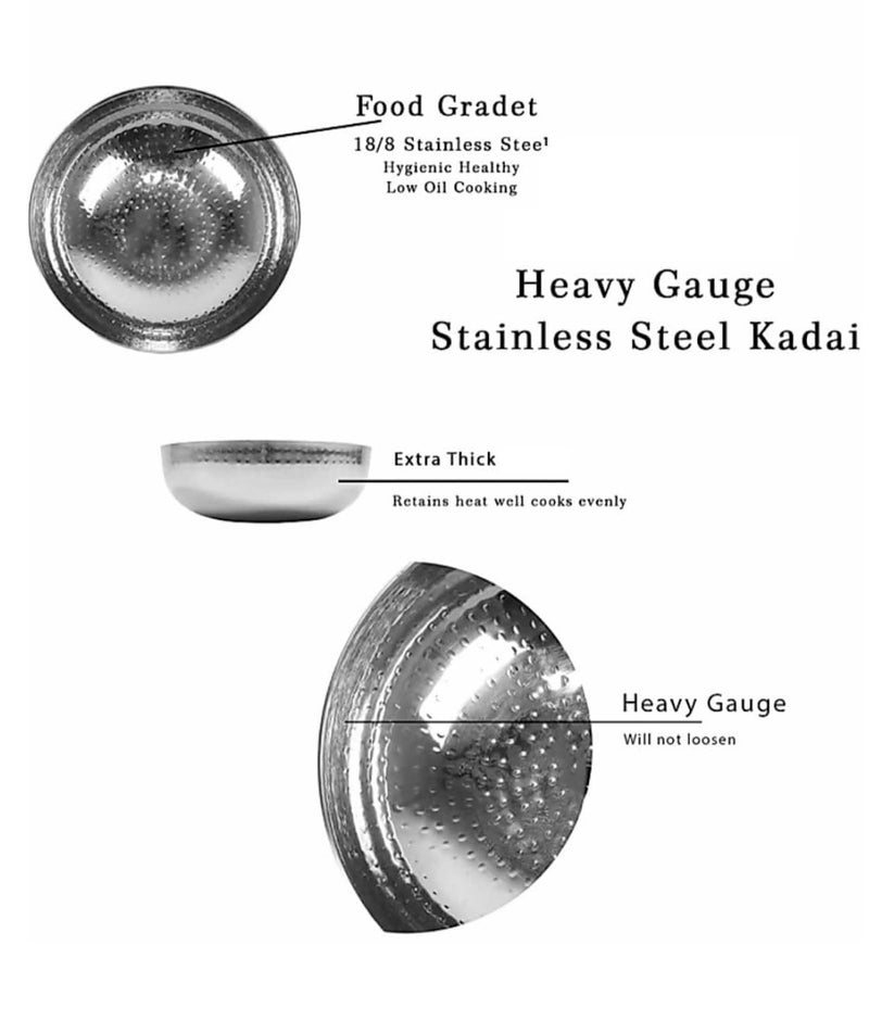 Dynore Stainless Steel Hammered Kadhai/Heavy Bottom Cookware/Kadhai/Kadhai for Kitchen/Utensils for Cooking, Deep Frying Without Handle 2000 ml Dia 22 cm - Image 3