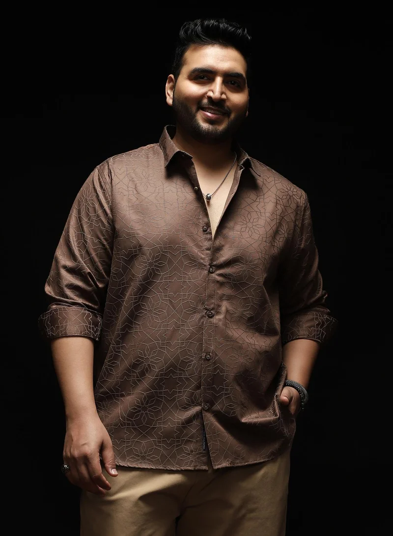 Instafab Plus Instafab Plus Men's Chocolate Brown Celestrial Jacquard Shirt | Spread Collar , Long Cuffed Sleeves , Button Closure , Curved Hemline | Geometric Jacquard Cotton-Blend For Casual & Evening Wear