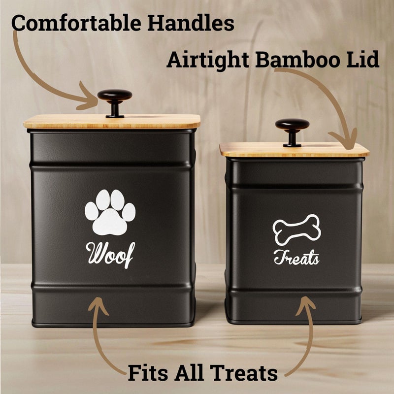HB Design Co. Dog Treat Container Airtight Set of 2 - 8x6 & 7x5 inch Iron Dog Treat Jars for Kitchen Counter with Airtight Bamboo Lids - 20 Cup Capacity Pet Treat Container Set - Doggie Cookie Jar - Treats Canister - Image 2