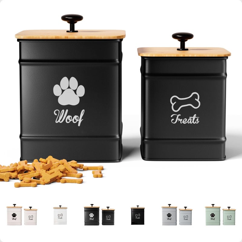 HB Design Co. Dog Treat Container Airtight Set of 2 - 8x6 & 7x5 inch Iron Dog Treat Jars for Kitchen Counter with Airtight Bamboo Lids - 20 Cup Capacity Pet Treat Container Set - Doggie Cookie Jar - Treats Canister - Image 1