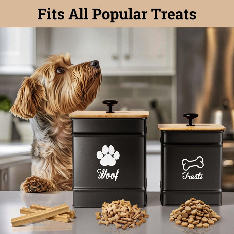 HB Design Co. Dog Treat Container Airtight Set of 2 - 8x6 & 7x5 inch Iron Dog Treat Jars for Kitchen Counter with Airtight Bamboo Lids - 20 Cup Capacity Pet Treat Container Set - Doggie Cookie Jar - Treats Canister - Image 3