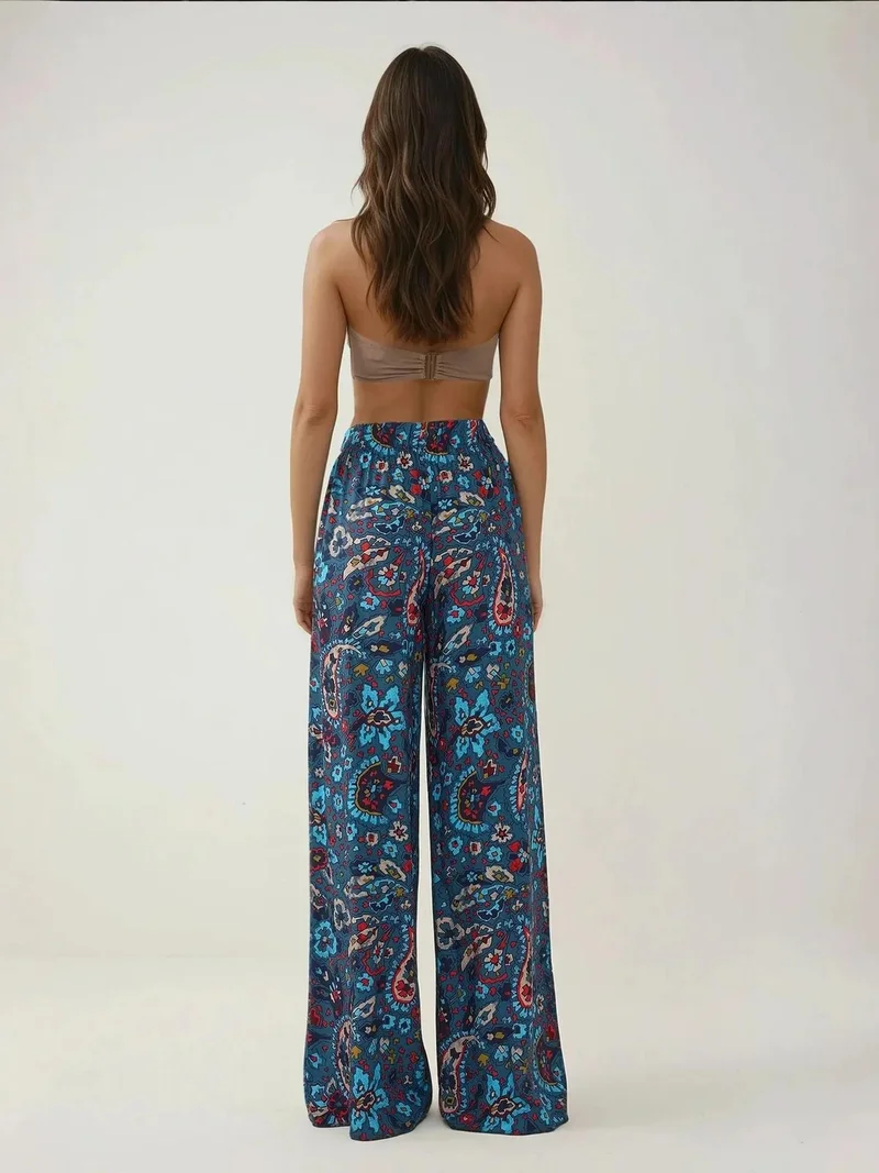 هيكاب بنطلون واسع الأرجل مطبوع برباط