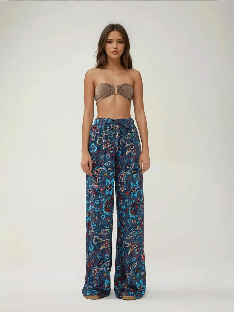 هيكاب بنطلون واسع الأرجل مطبوع برباط