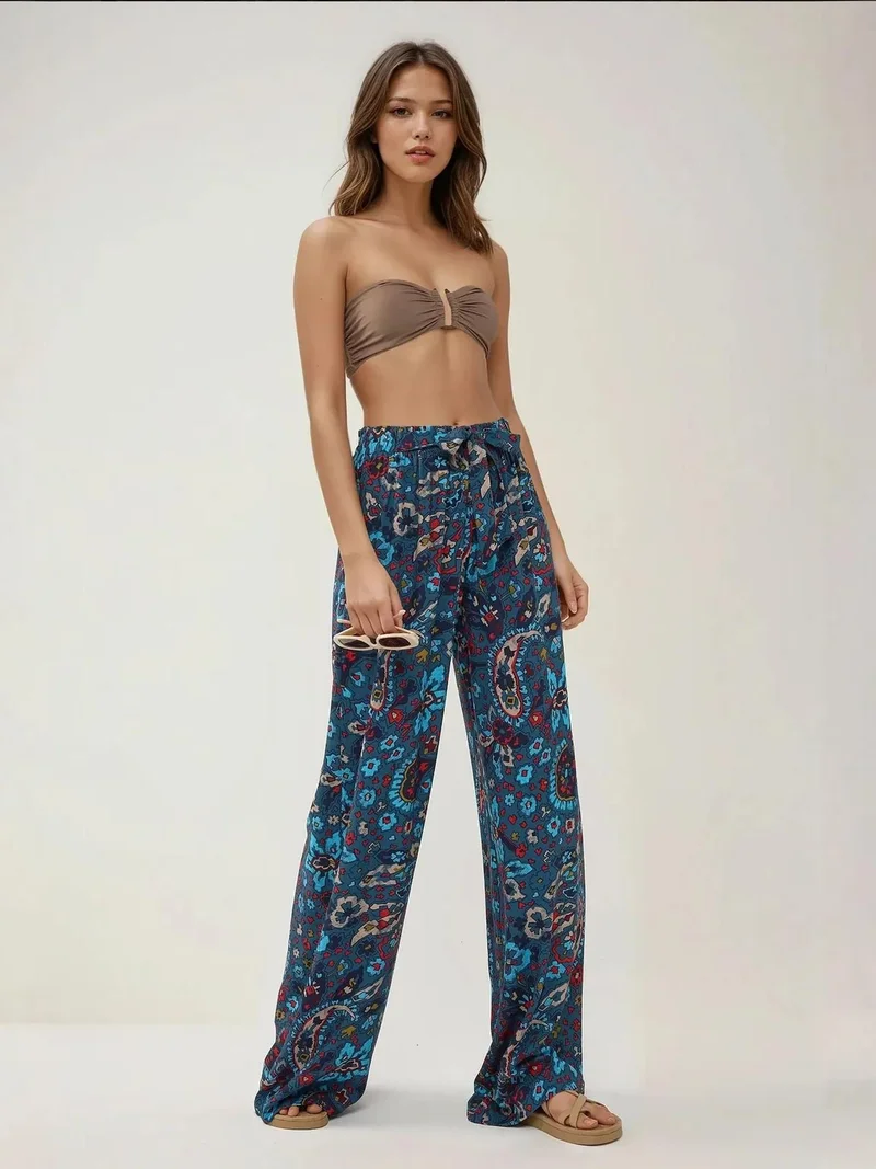 HICCUP Printed Wide Leg Pants with Drawstring