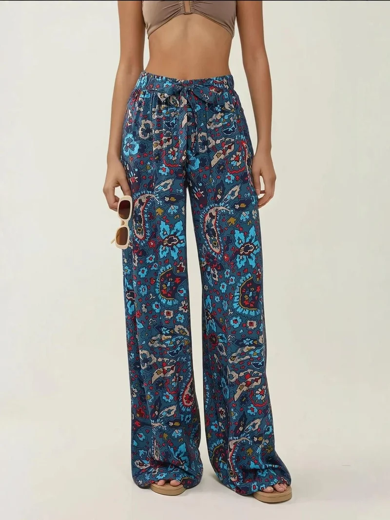 HICCUP Printed Wide Leg Pants with Drawstring