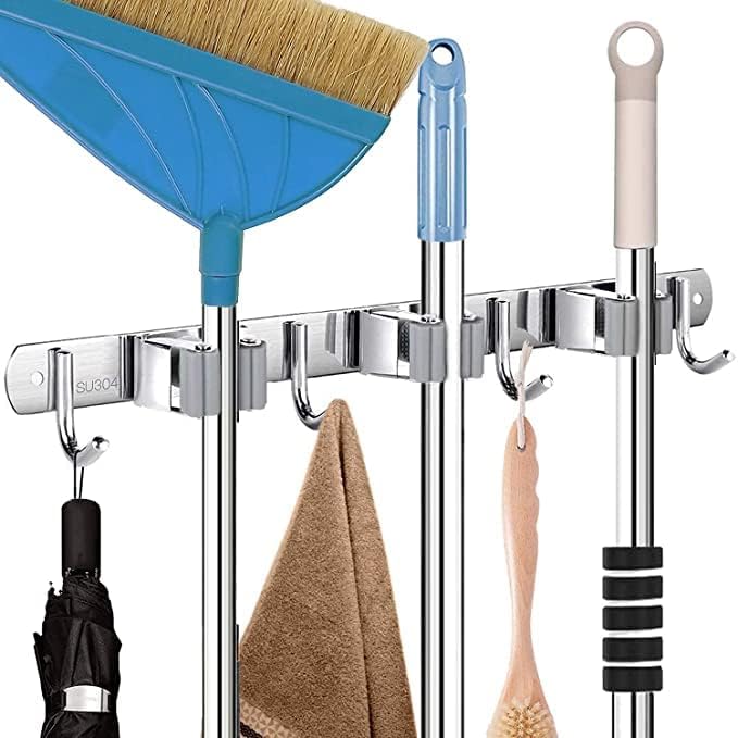 BluBasket Broom Mop Holder Wall Mount Stainless Steel Tool Hanger Storage Organizer For Home Kitchen Garage Garden Laundry Room Bathroom and Closet Shelves 3 Rack 4 Hook