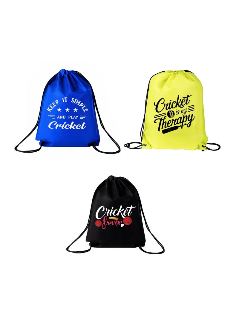 PRINTSHOP4ME Pack Of 3 Drawstring Bags With Cricket Design-Durable Sports Backpack For Adults,Great For Gym,Travel And Everyday Use,Lightweight With Cricket Print For Everyday Use - Image 1