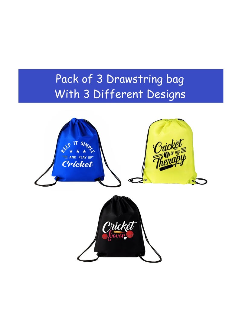 PRINTSHOP4ME Pack Of 3 Drawstring Bags With Cricket Design-Durable Sports Backpack For Adults,Great For Gym,Travel And Everyday Use,Lightweight With Cricket Print For Everyday Use - Image 2