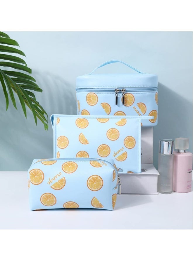 Makeup Bag, 3 Pcs Set Waterproof Cosmetic Bag, Portable Toiletry Bag, Large Travel Makeup Organizer Bag, for Women and Girls with Fruit Lemon Pattern (Blue-Lemon) - Image 5
