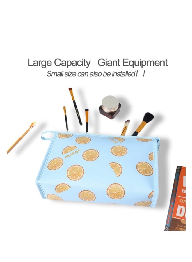 Makeup Bag, 3 Pcs Set Waterproof Cosmetic Bag, Portable Toiletry Bag, Large Travel Makeup Organizer Bag, for Women and Girls with Fruit Lemon Pattern (Blue-Lemon) - Image 4