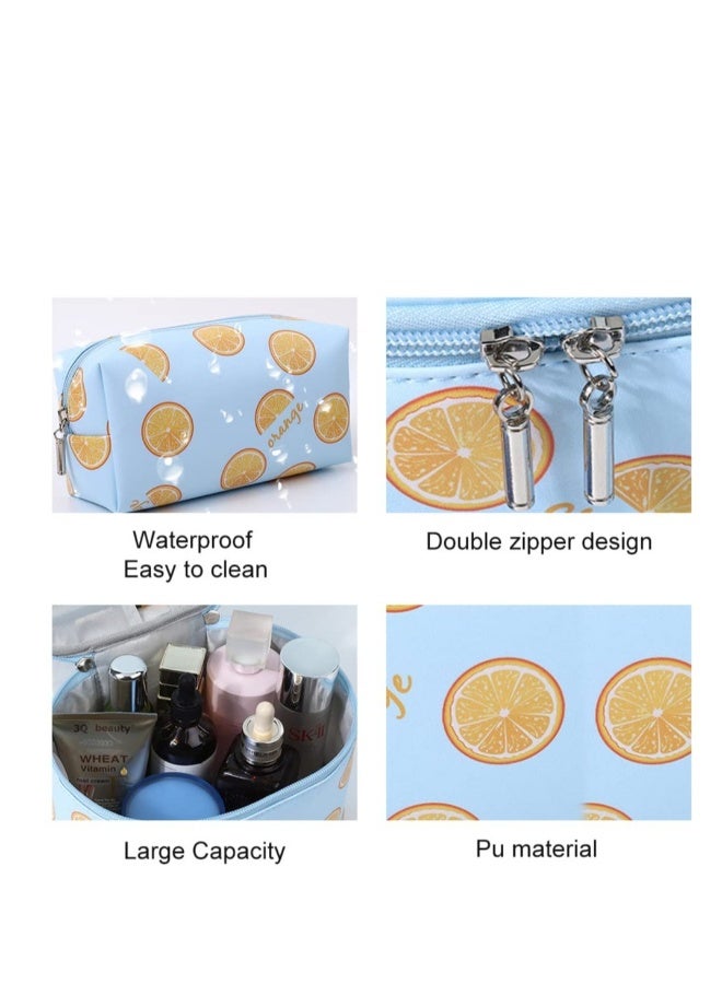 Makeup Bag, 3 Pcs Set Waterproof Cosmetic Bag, Portable Toiletry Bag, Large Travel Makeup Organizer Bag, for Women and Girls with Fruit Lemon Pattern (Blue-Lemon) - Image 2