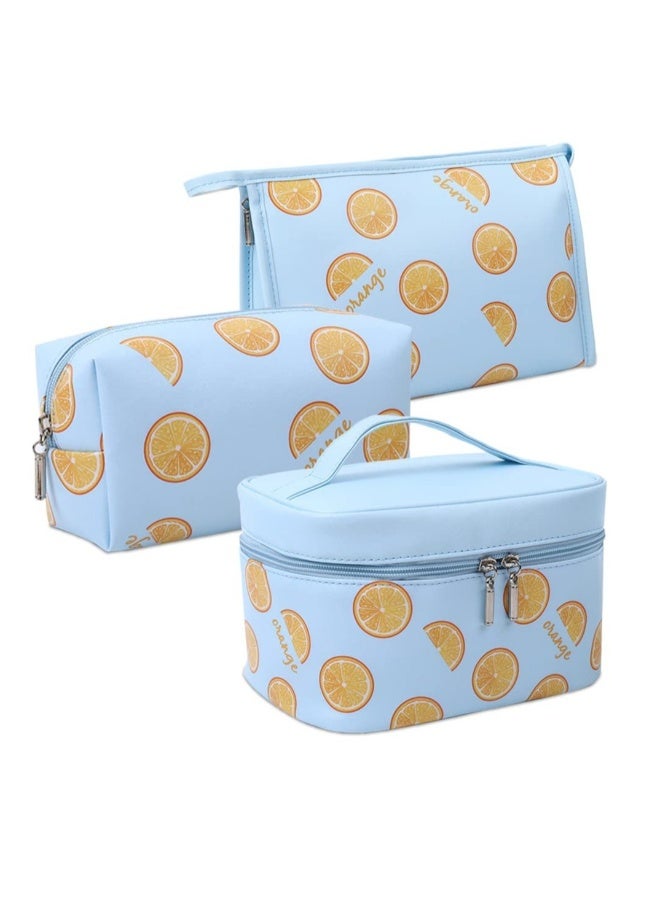 Makeup Bag, 3 Pcs Set Waterproof Cosmetic Bag, Portable Toiletry Bag, Large Travel Makeup Organizer Bag, for Women and Girls with Fruit Lemon Pattern (Blue-Lemon) - Image 1