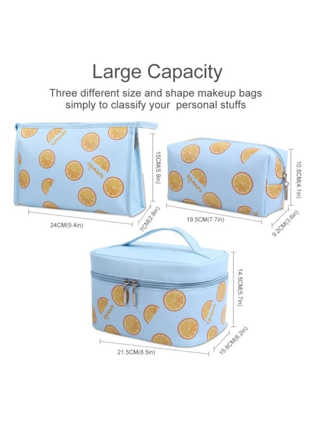 Makeup Bag, 3 Pcs Set Waterproof Cosmetic Bag, Portable Toiletry Bag, Large Travel Makeup Organizer Bag, for Women and Girls with Fruit Lemon Pattern (Blue-Lemon) - Image 3