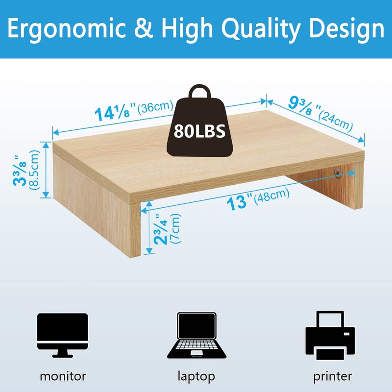 TEAMIX 14.2 inch Monitor Stand Riser, Wood Monitor Riser with Storage for Desk Small Monitor Stand TV/Screen/PC/Laptop Riser Computer Stand Desktop Shelf (Maple-14.2 inch) - Image 4